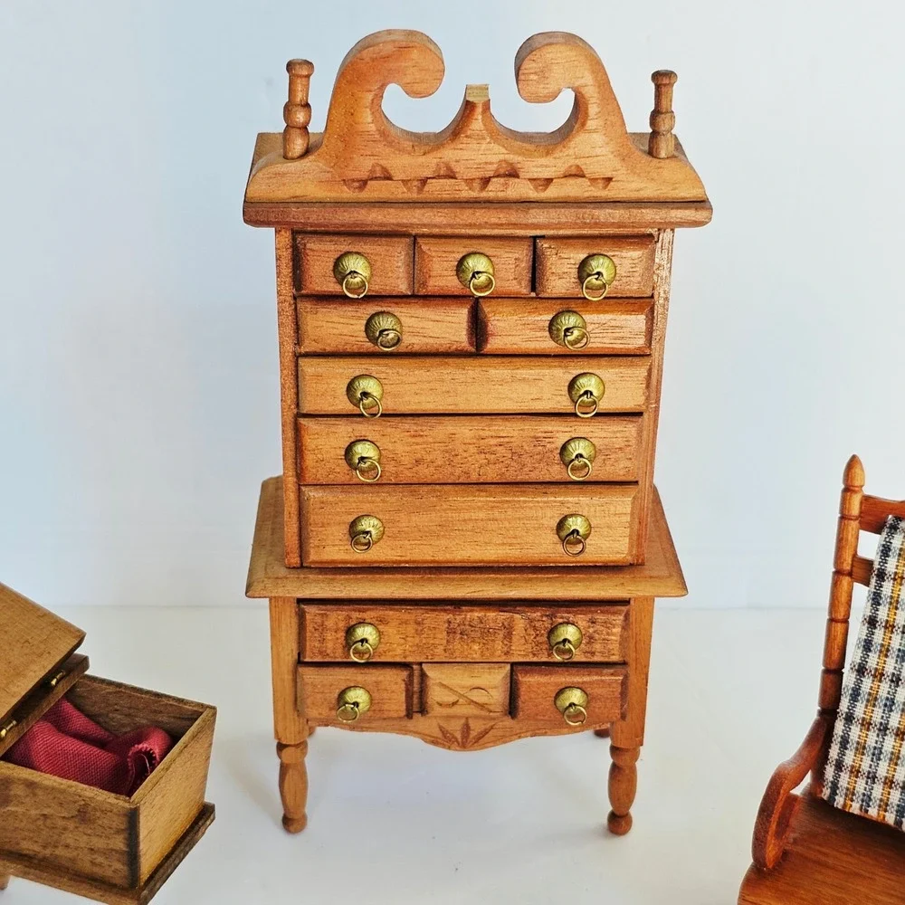 Vtg Wood Dollhouse Furniture Set Highboy Dresser Rocker Basinet Miniature Decor